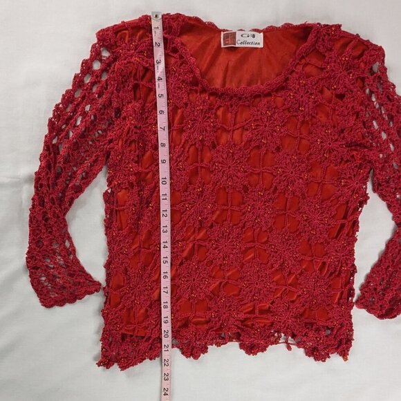 Y2k Red Crochet Layered Crop Sheer Sleeve Satin and Knit Top - Picture 3 of 5